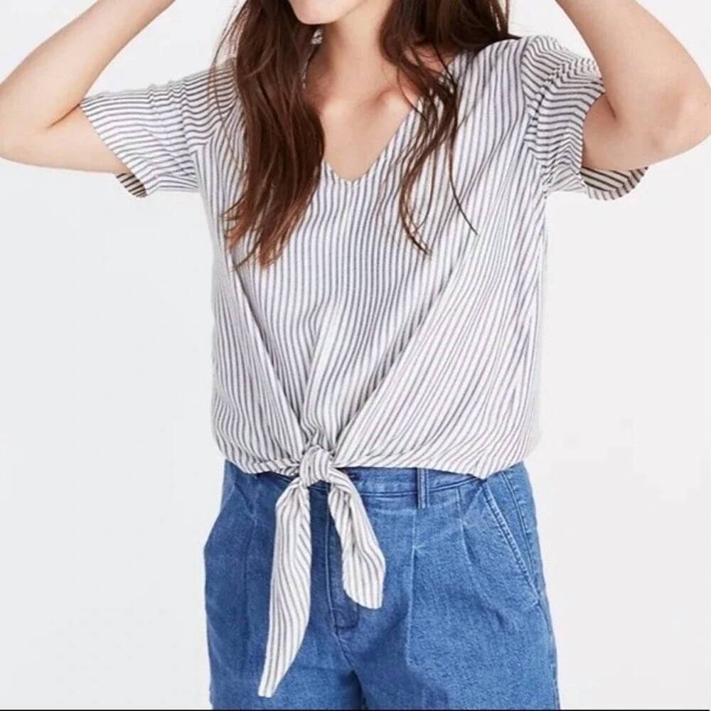 NEW MADEWELL novel tie-front top in white blue stripe